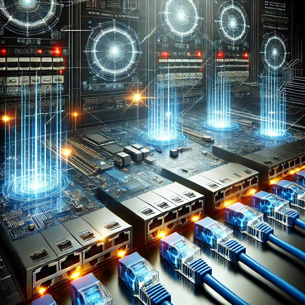 "Close-up of Ethernet switches with advanced digital connections."