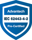 Shield badge labeled Advantech IEC 62443-4-2 Pre-Certified on a blue circuitry background